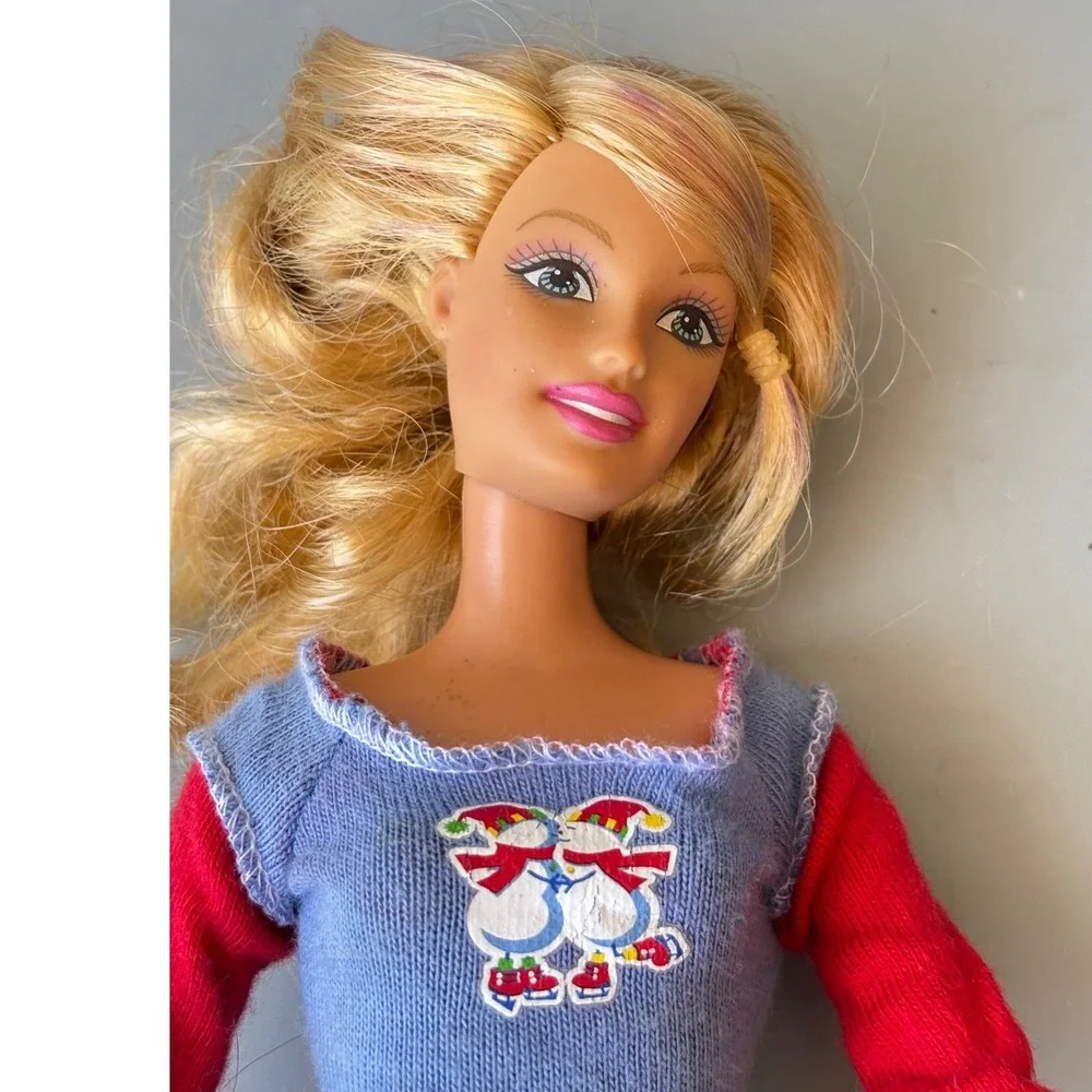 Vtg 1999 Mattel‎ Barbie Doll Winter Snowman Pajamas Blue Red Knit Top Snowflake